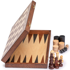 Medium 3-in-1 Wooden Chess, Checkers, and Backgammon Board Game Set - 16"-Husaria
